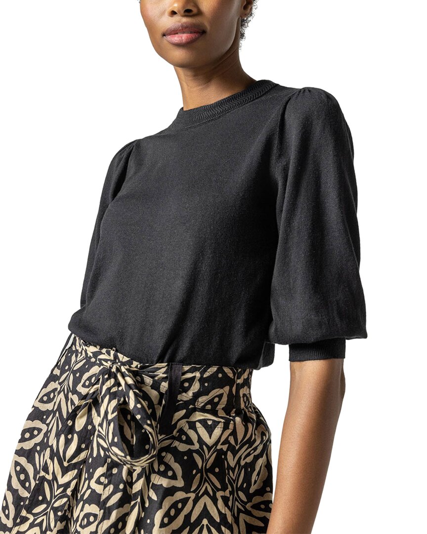 Lilla P Rib Trim Puff Sleeve Linen-blend Sweater In Black