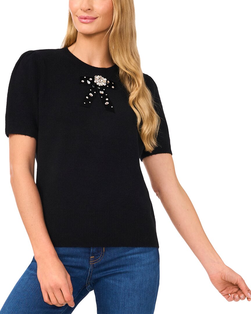Cece Embellished Velvet Bow Short Sleeve Sweater In Black