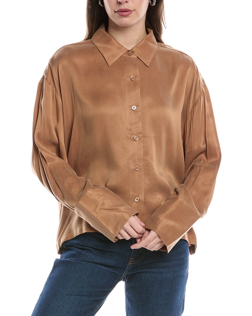 Chaser Twill Button Up Blouse In Beige