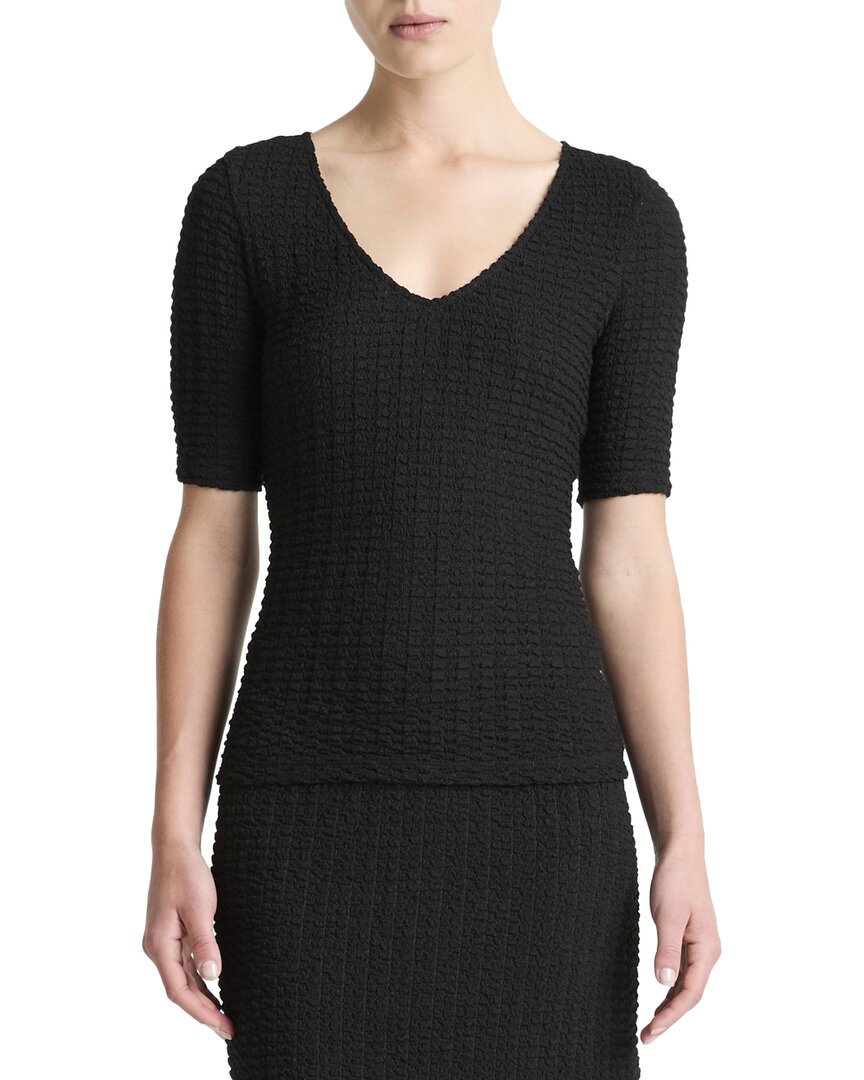 Vince Smocked Elbow Sleeve Soft V-neck Top In Black
