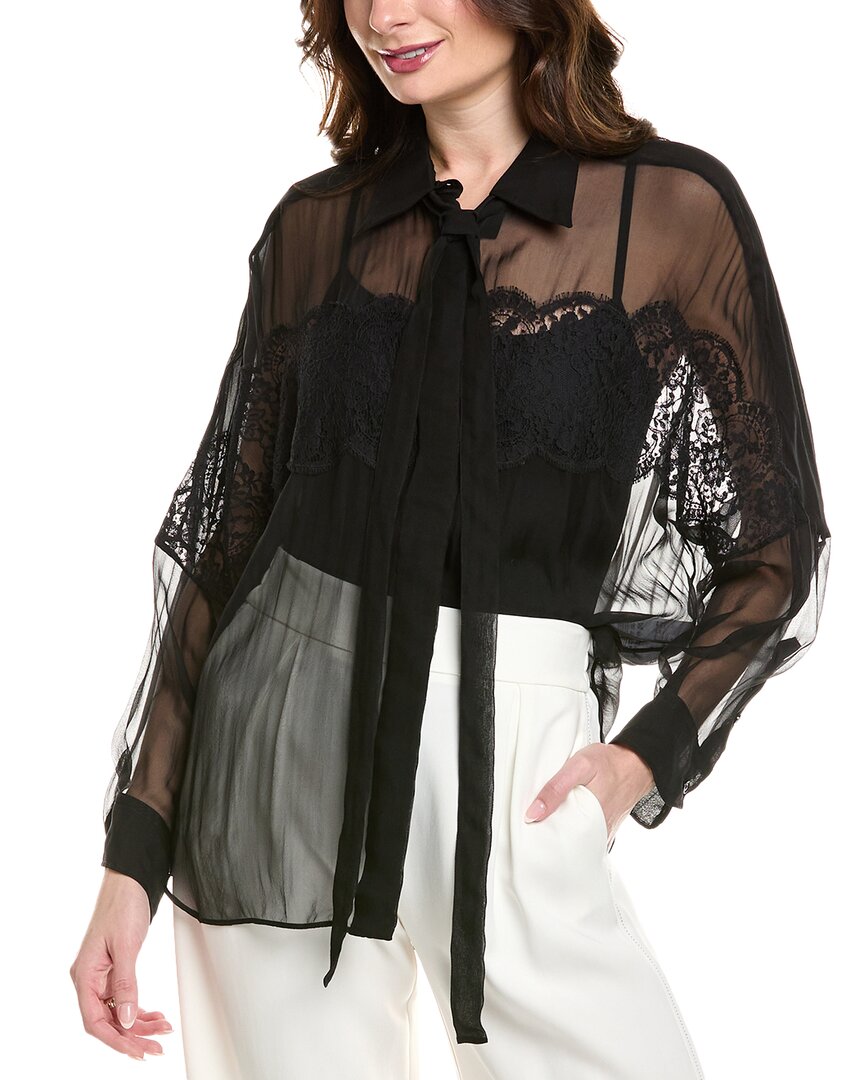 Valentino Silk Chiffon Blouse With Lace And Ruffles Trim In Black