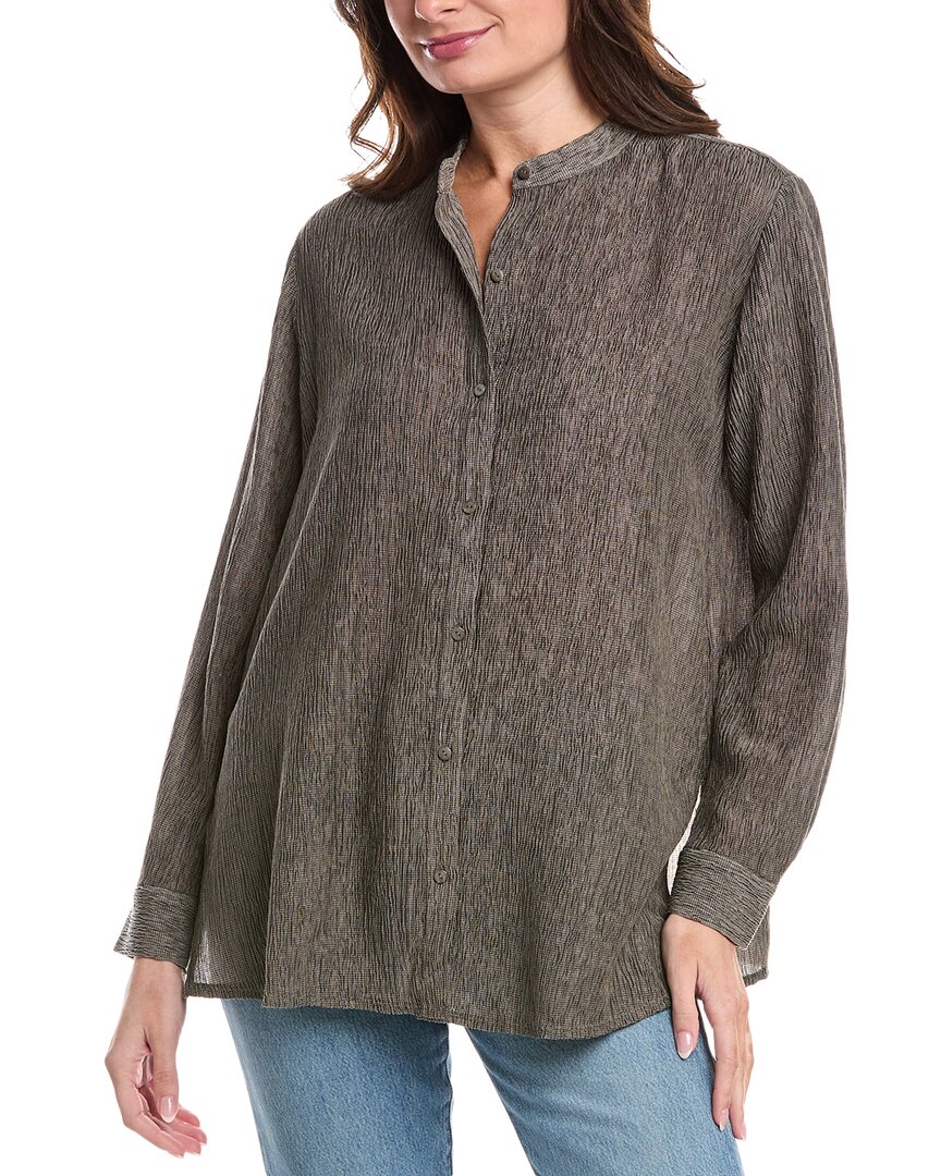 Eileen Fisher Mandarin Collar Plisse Shirt In Taupe In Gray