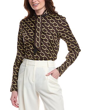 Oscar de la Renta Tie-Neck Chain Print Silk Blouse