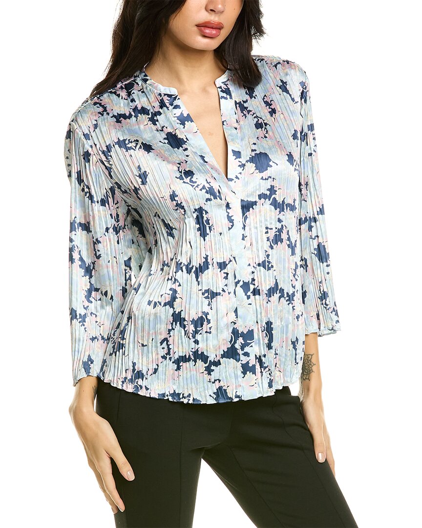 Vince Pleated Lotus Print Blouse In Blue