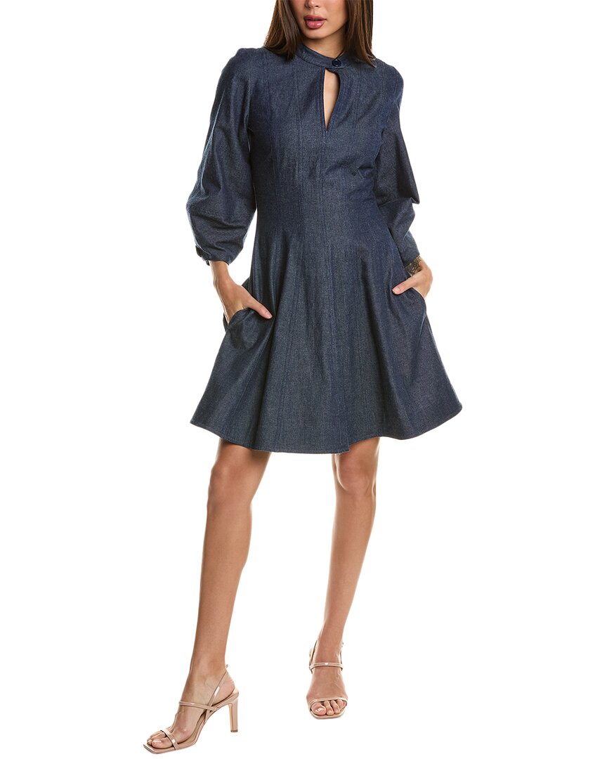 Shop Oscar De La Renta 3/4-sleeve Silk-lined Dress In Blue