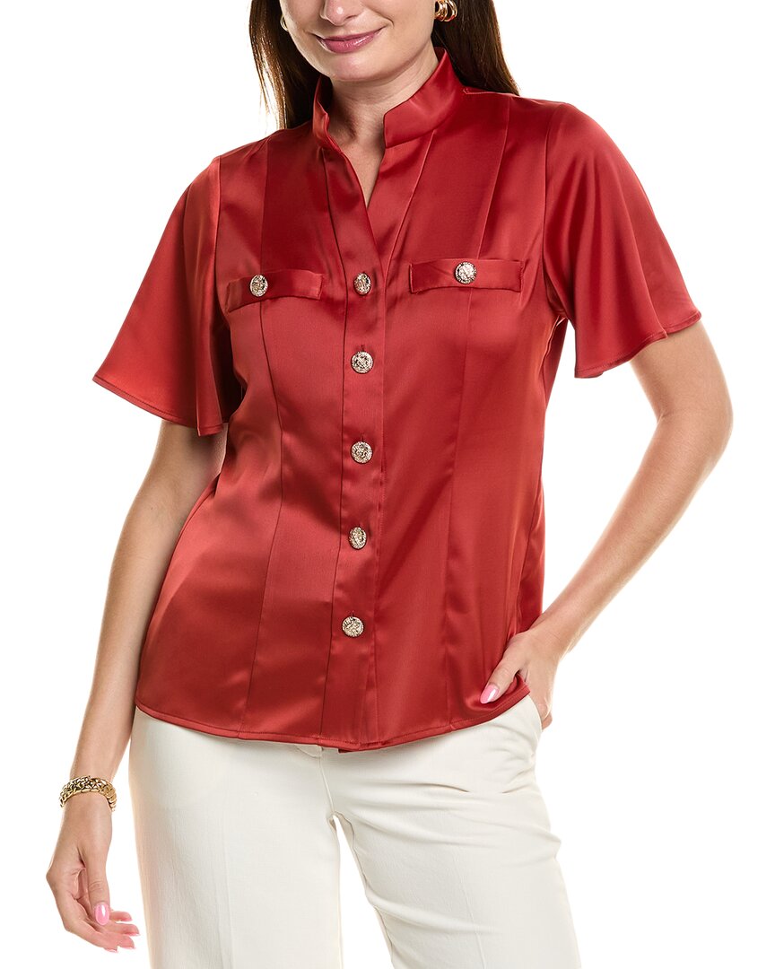 Anne Klein High Neck Short Sleeve Button-up Shirt In Red