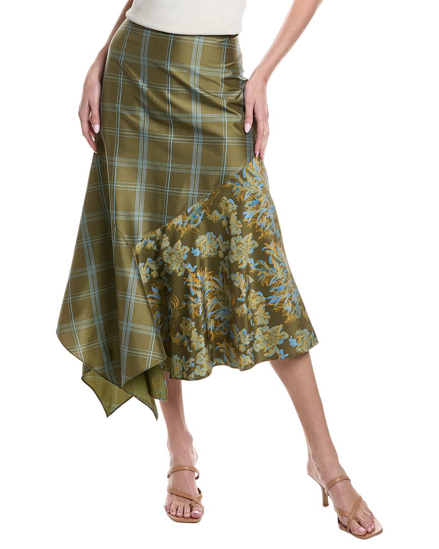 Pre-owned Lafayette 148 York Asymmetrical Handkerchief Silk Skirt Women's In Chive Multi