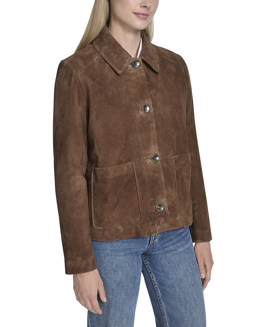 Cole Haan Suede Shirt Collar Trucker Jacket In Brown