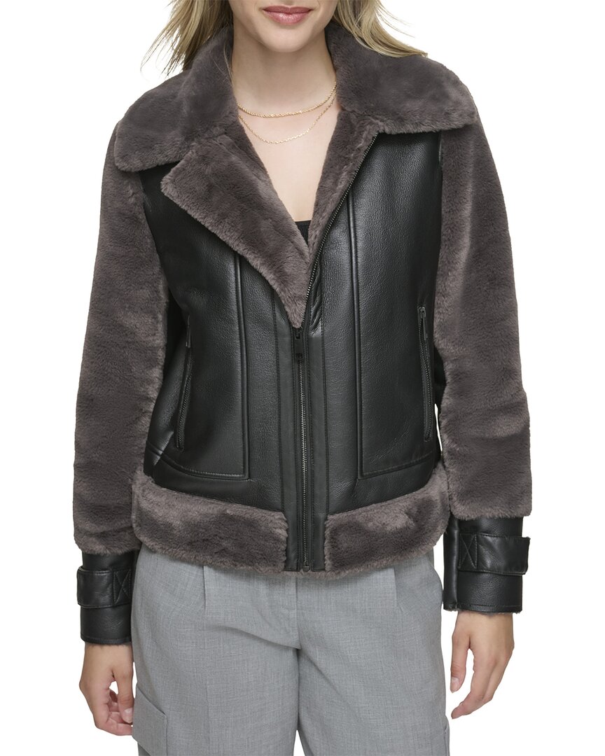 Andrew Marc Faux Fur Trim Faux Leather Aviator Jacket