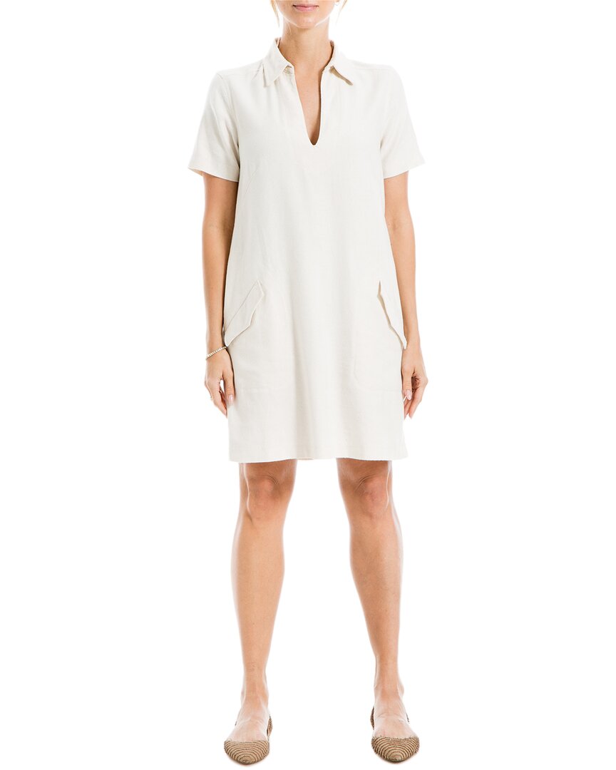 Max Studio Collar V-neck Linen-blend Short Dress In White