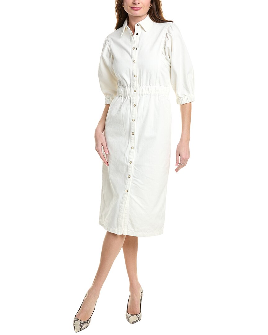 Allsaints Womens Chalk White Osa Puff-sleeve Elasticated-waist Denim Midi Dress In White