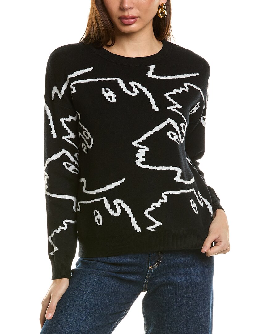 T Tahari Women's Face-graphic Crewneck Long-sleeve Sweater In Black