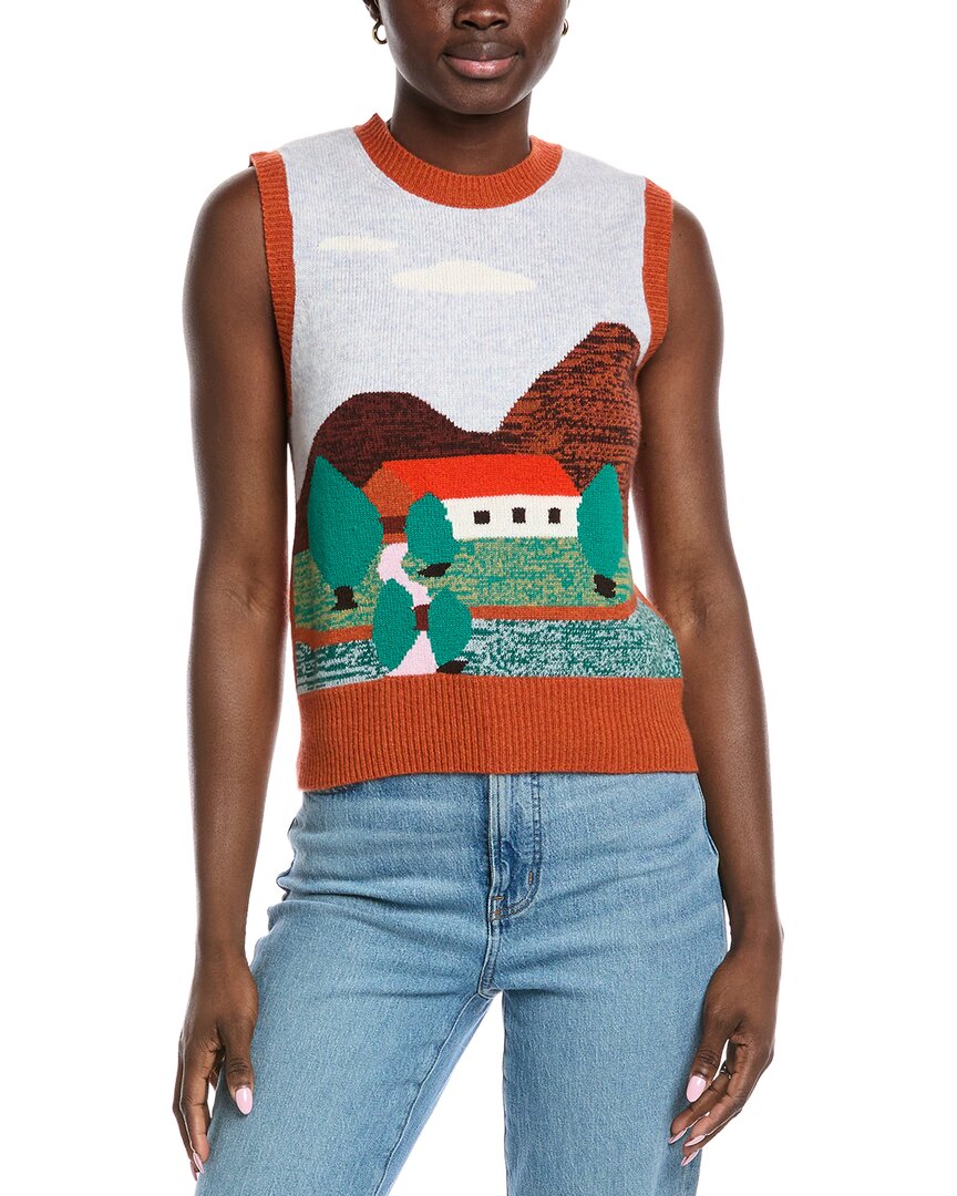 Autumn Cashmere Landscape Intarsia Cashmere Vest In Orange