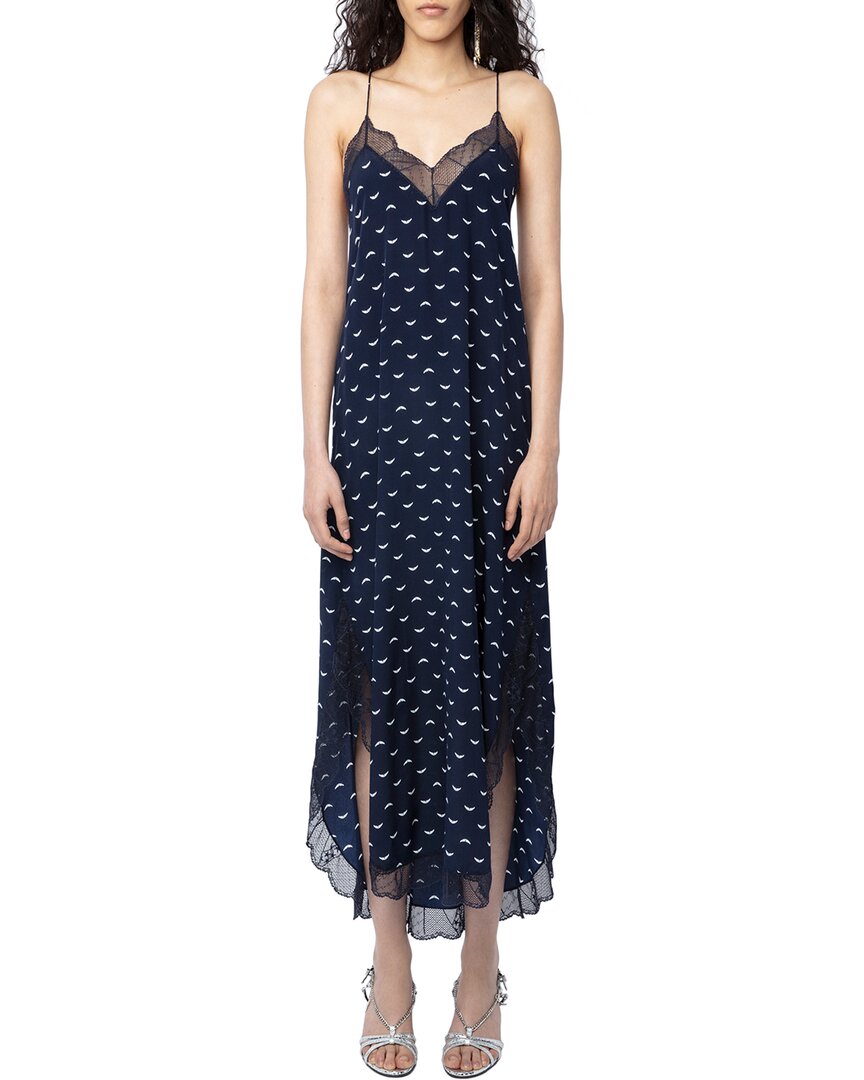 Pre-owned Zadig & Voltaire Ristyl Polka Wings Silk Midi Dress Women's L In S_marine