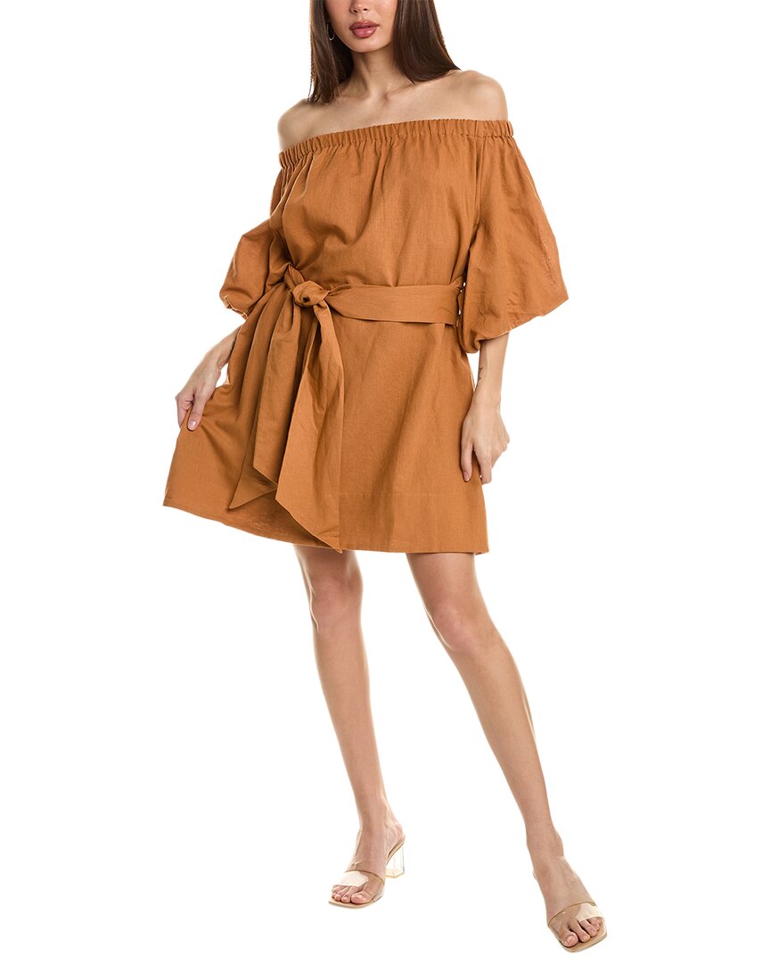 Shop Beulah Off-the-shoulder Linen-blend Mini Dress In Brown