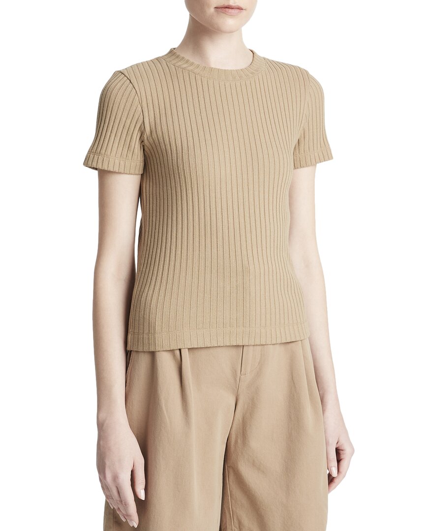 Vince Ribbed Short-sleeve Crewneck Top In Brown