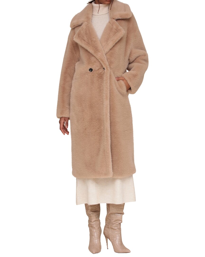Avec Les Filles Double Breasted Faux Fur Longline Coat In Brown