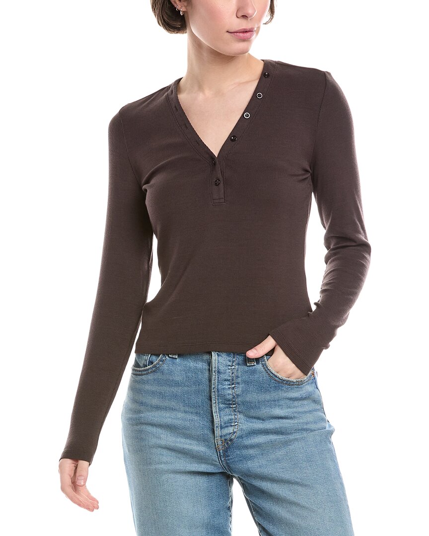 Frame Slinky Long Sleeve Rib Henley Top In Chocolate