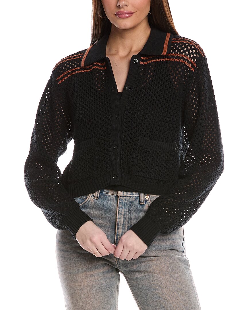 Re/done Crochet Mesh Polo Cotton Cardigan In Black