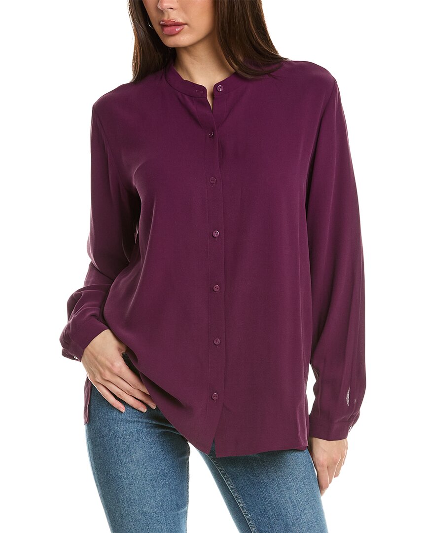 Shop Eileen Fisher Mandarin Collar Silk Boxy Shirt In Purple
