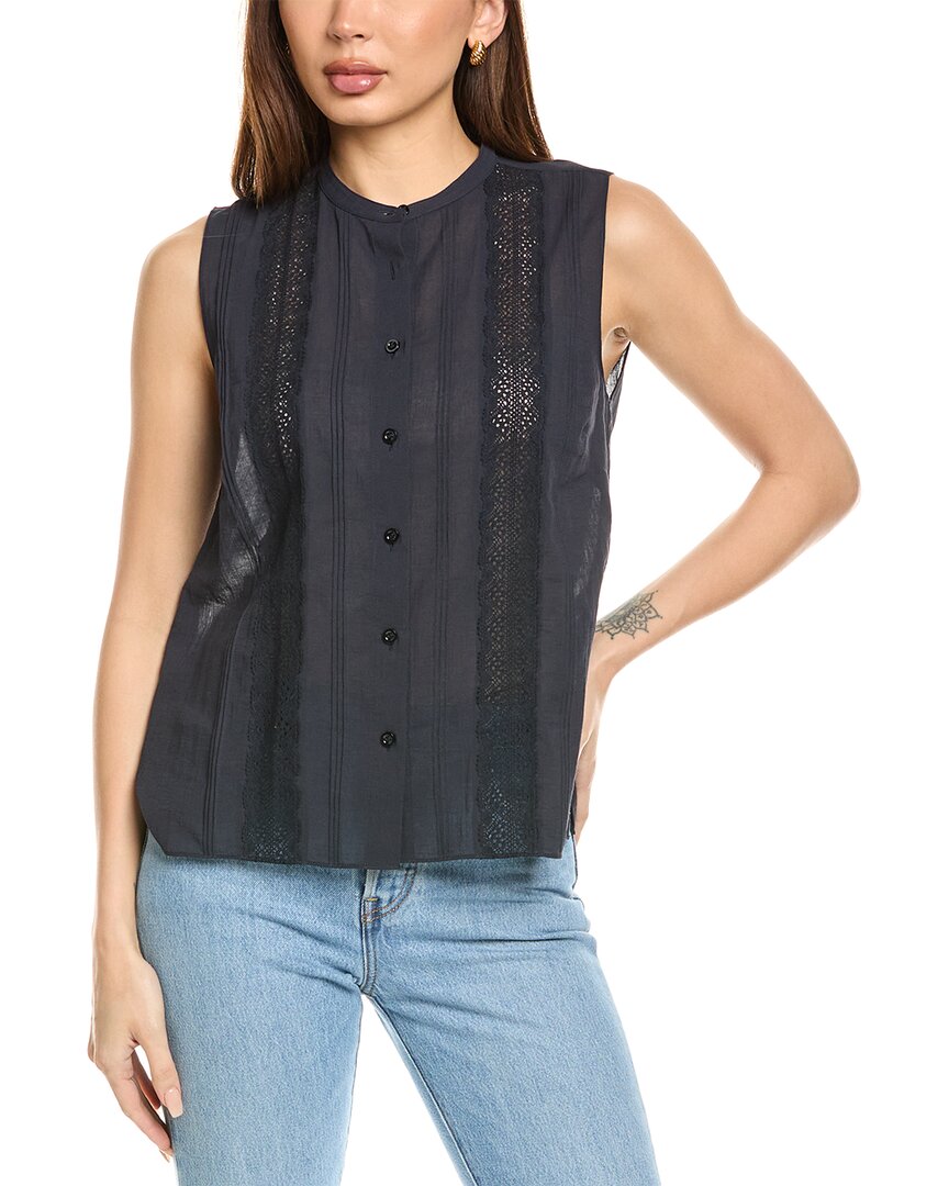 Frame Lace Trimmed Sleeveless Shirt In Navy In Blue