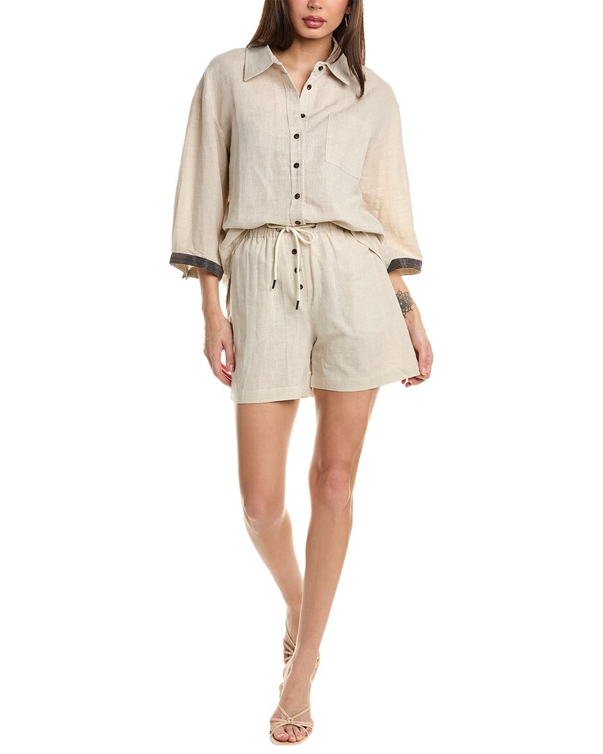 Shop Beulah 2pc Linen-blend Shirt & Short Set In Beige