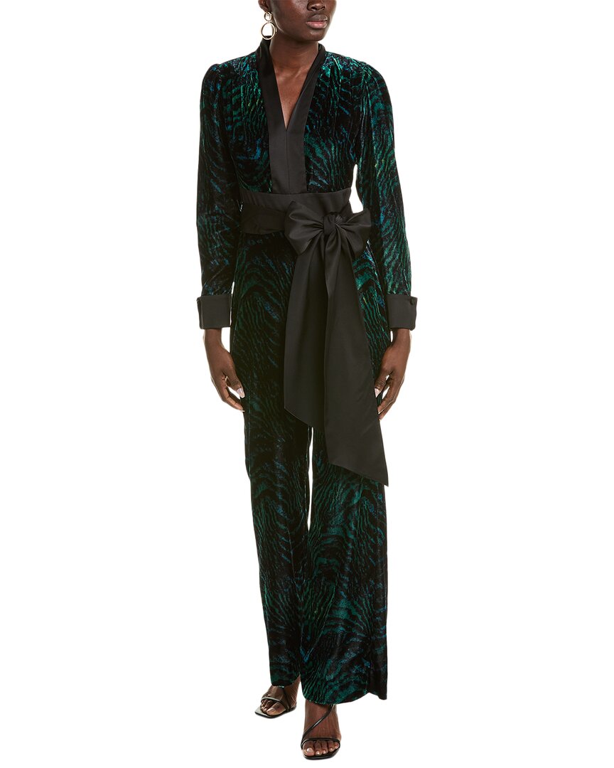 Diane Von Furstenberg Vegas Tiger Print Long Sleeve Velvet Jumpsuit In Green