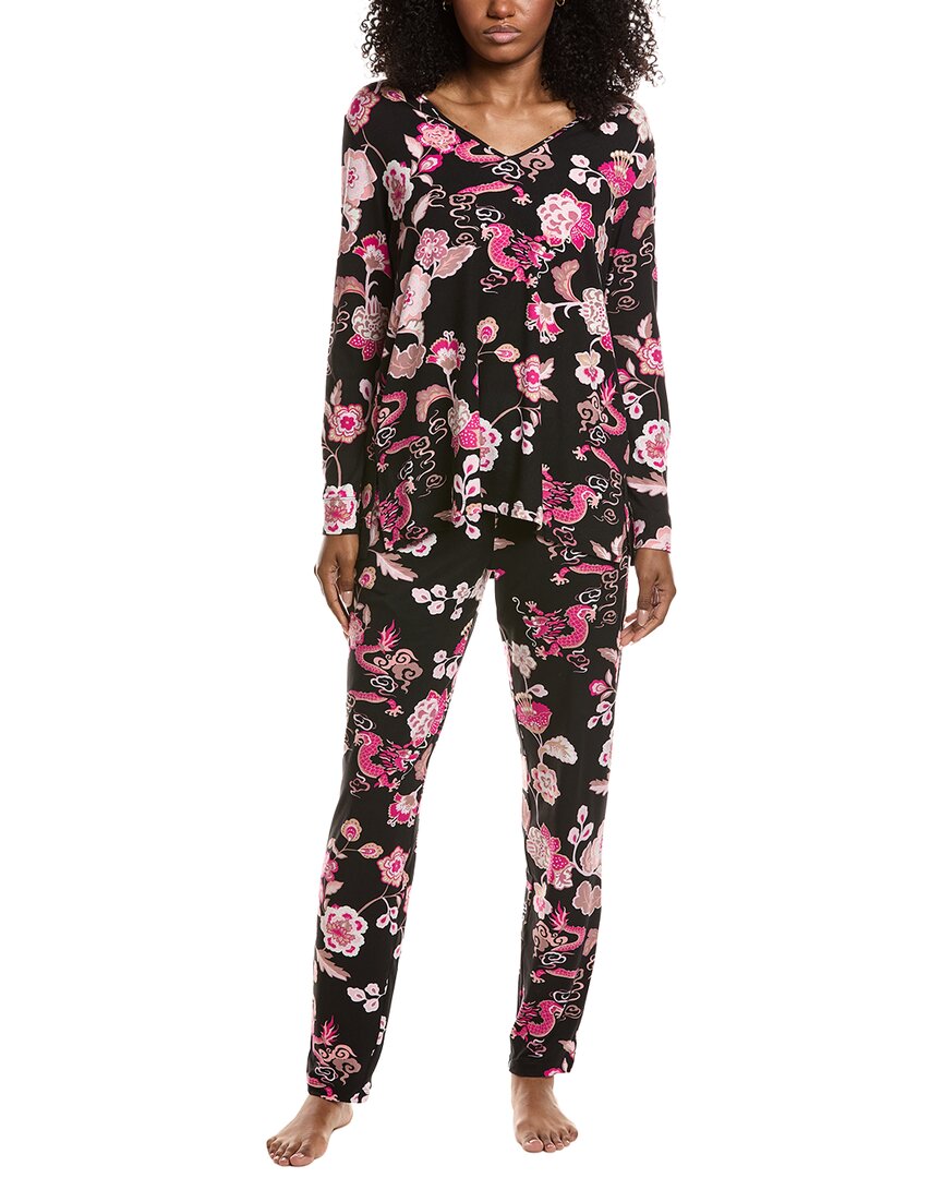 N Natori 2pc Fleur Dragon Cozy Knit Pajama Set In Black