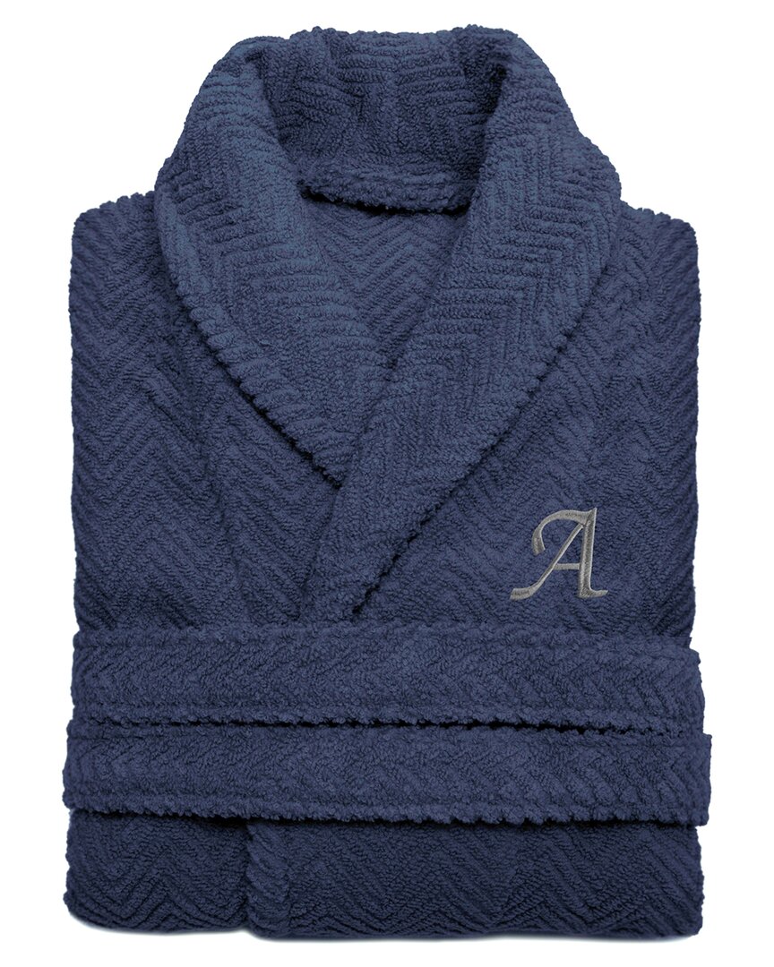 Shop Linum Home Textiles Unisex Herringbone Weave Bathrobe (monogram, A-z) In Blue