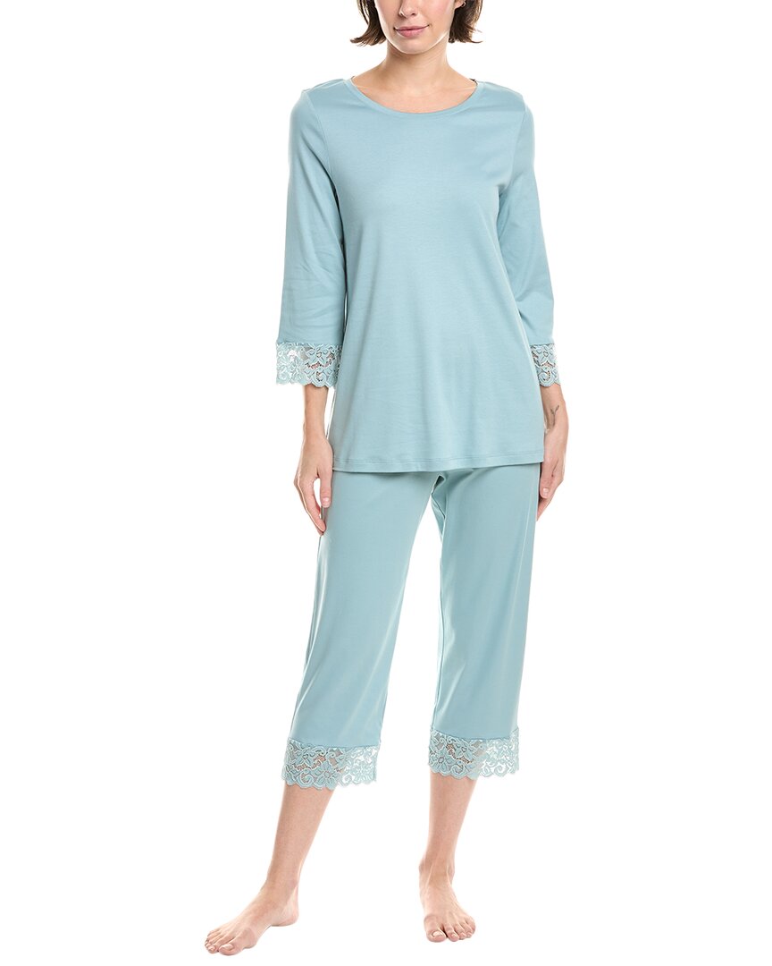Hanro Moments Lace-trim Cropped Pajama Set In Blue