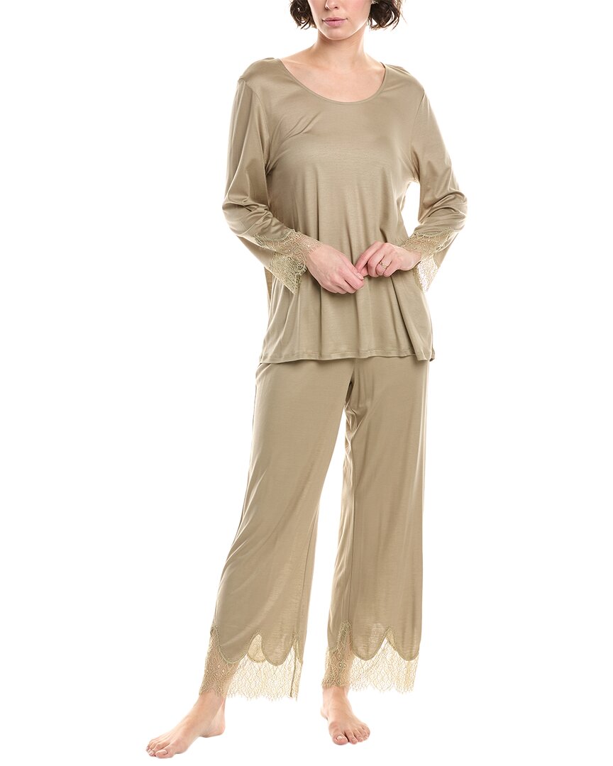 Hanro 2pc Melia Scalloped Lace Pajama Set In Gold