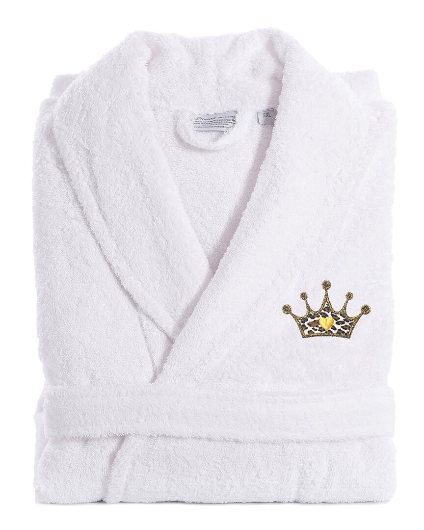 Linum Home Textiles Turkish Cotton Terry Bath Robe Embroidered With Cheetah Crown Design In White