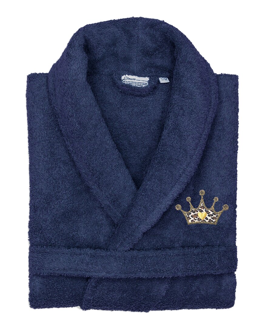 Linum Home Textiles Turkish Cotton Terry Bath Robe Embroidered With Cheetah Crown Design In Navy