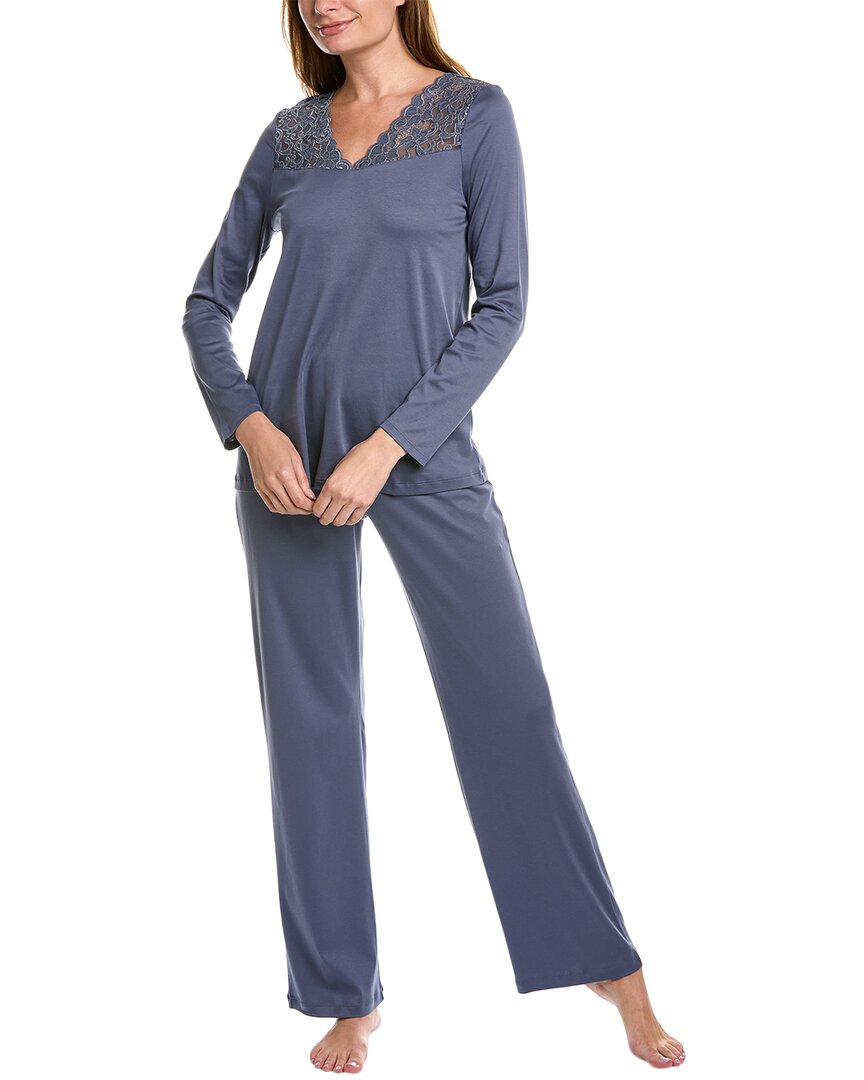 Hanro Moments Lace Trim Cotton Long Sleeve Pajama Set In Pigeon