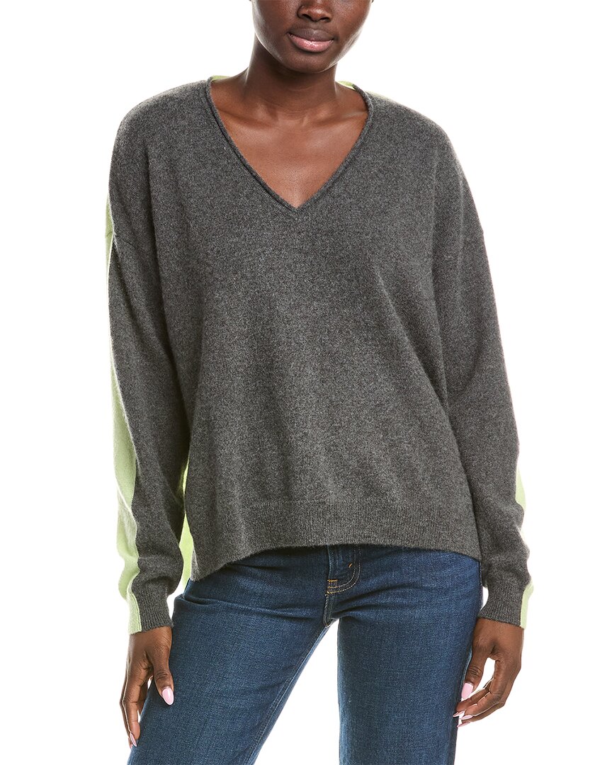 Brodie Cashmere Amy Contrast Back V-neck Cashmere Sweater In Gray