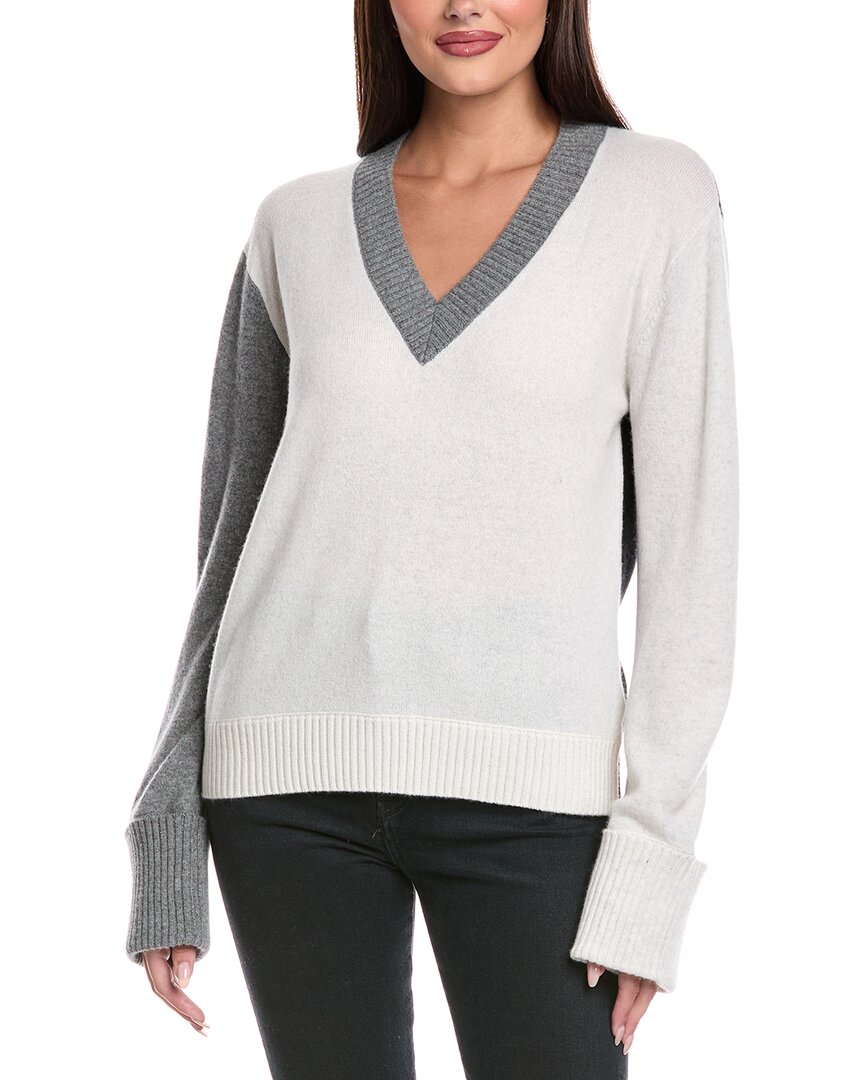 Brodie Cashmere Colorblocked V-neck Cashmere Sweater In White