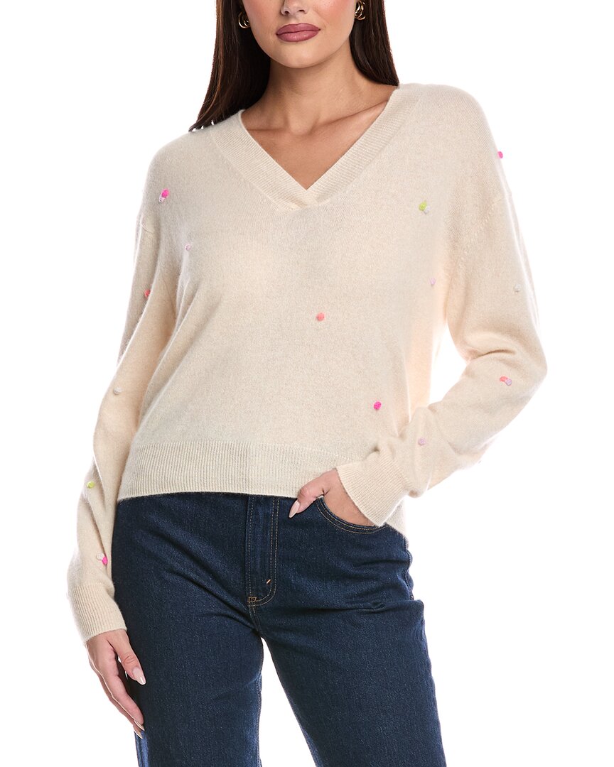 Brodie Cashmere Little Pom Millie V-neck Cashmere Sweater In Neutral
