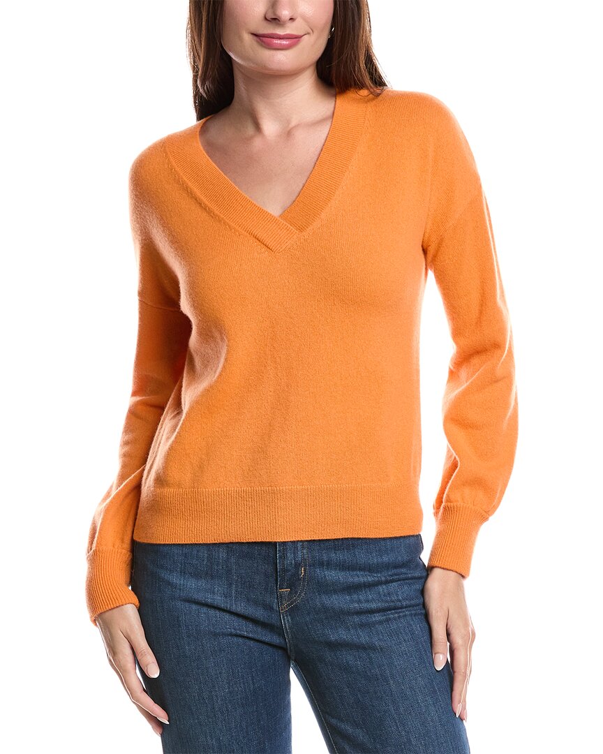 Forte Cashmere Gathered Sleeve V-neck Cashmere Sweater In Orange