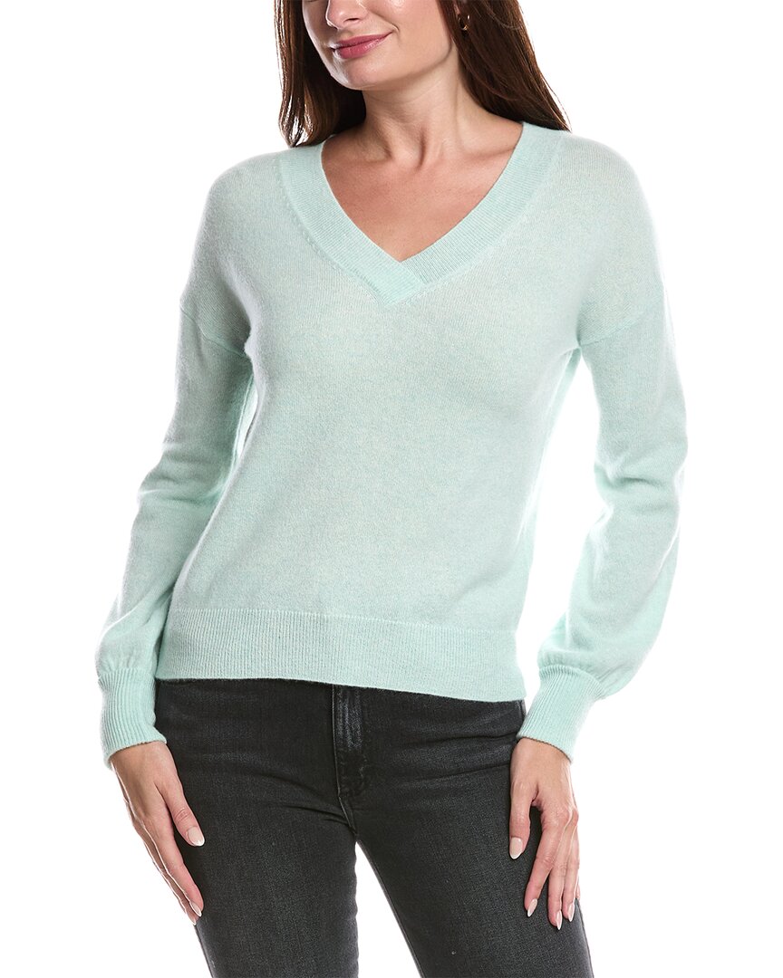 Forte Cashmere Gathered Sleeve V-neck Cashmere Sweater In Green