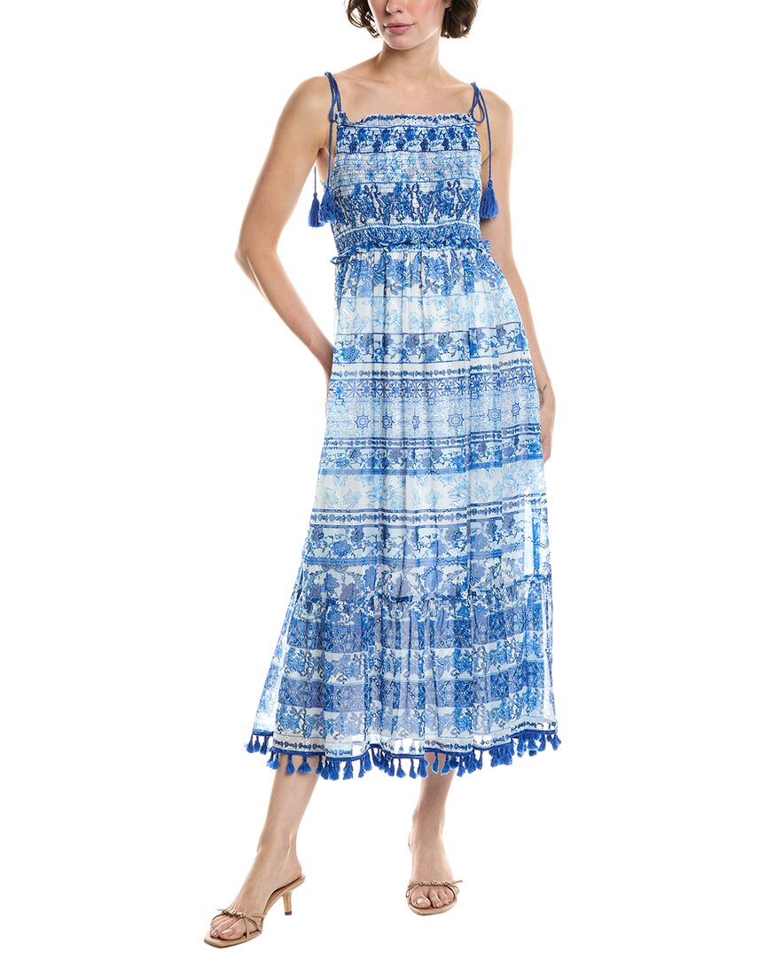 Reveriee Smocked Bodice Midi Dress In Blue