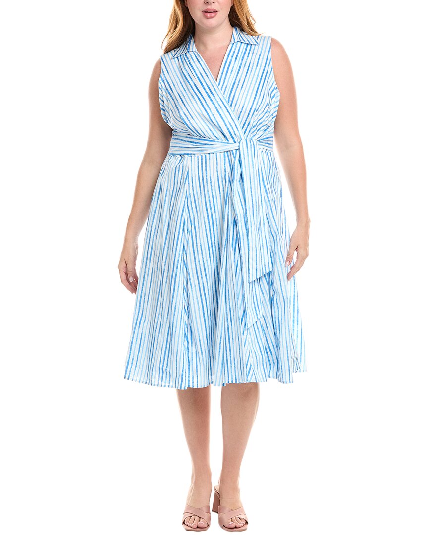 Tahari Asl Plus Size Cotton Striped Faux-wrap Shirtdress In Multi
