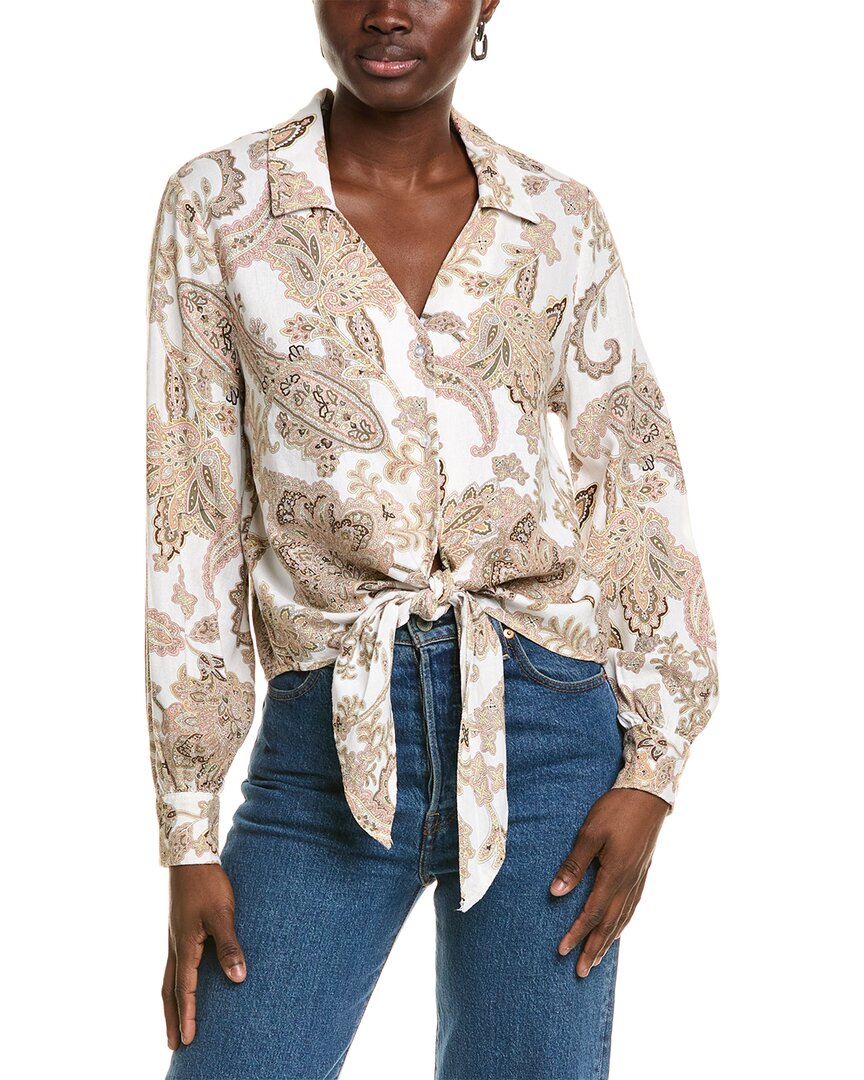 Ellen Tracy Tie Front Linen-blend Shirt In Neutral