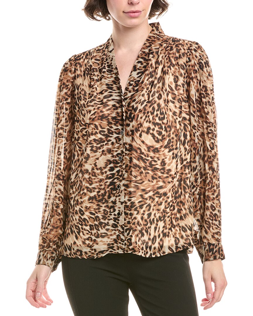 Anne Klein Womens Printed Pleated Sleeve Button Front Top P Xxs Xxl In Animal Print