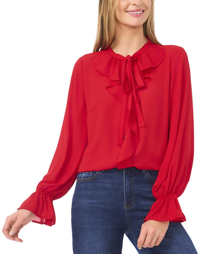 Cece Button Down Ruffle Top In Red