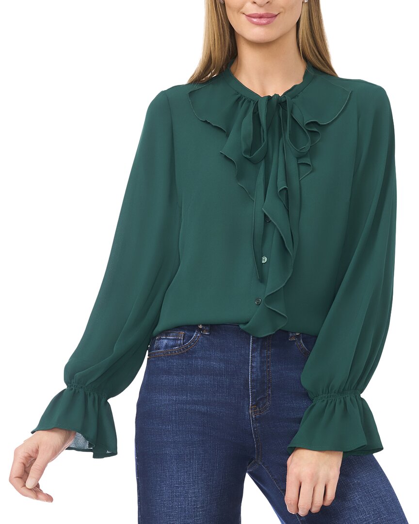 Cece Button Down Ruffle Top In Green