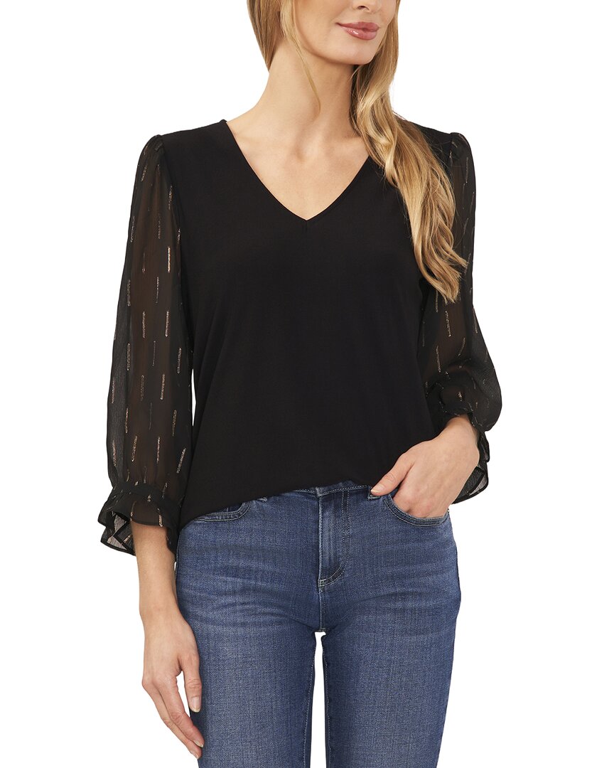 Cece V-neck Mix Media Top In Black