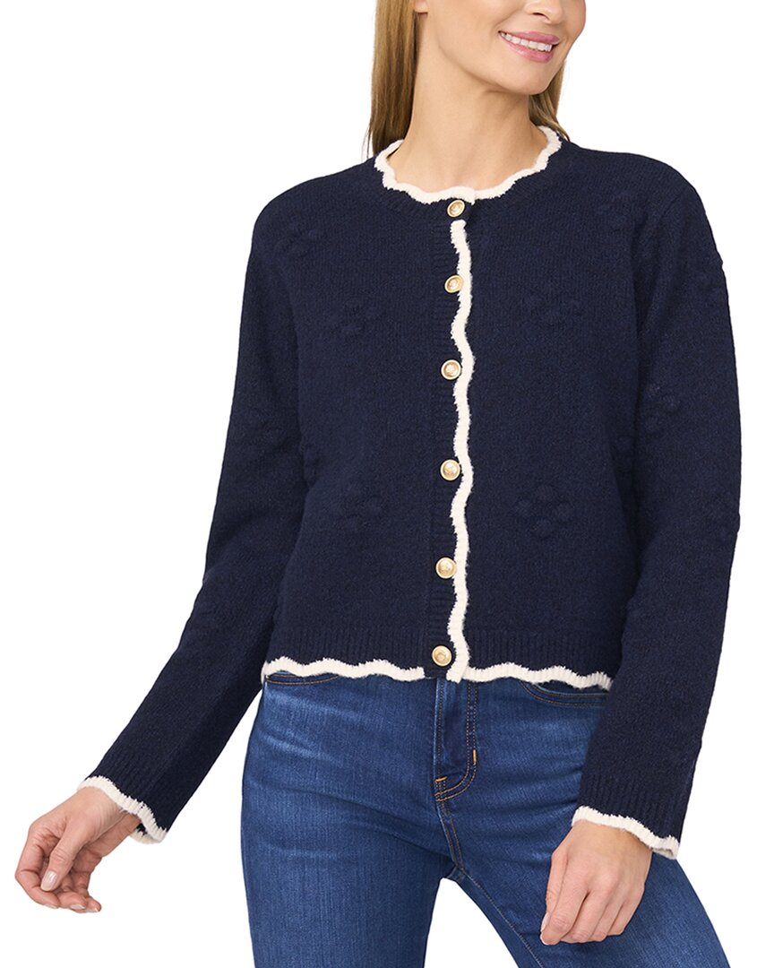 Cece Women's Scallop Edge Pom Knit Long Sleeves Cardigan In Blue