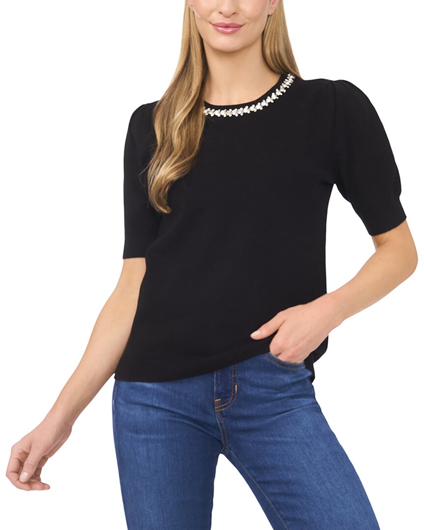 Cece Embellished Collar Short Sleeve Cotton Sweater In Black
