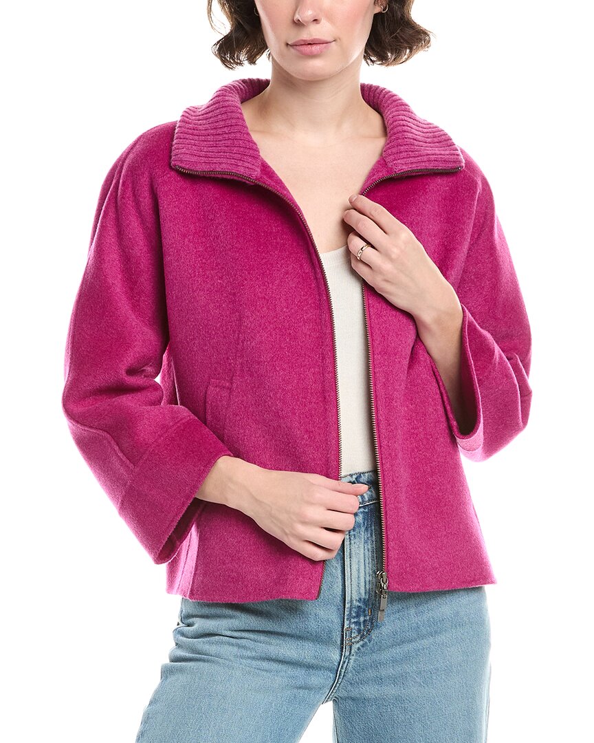 Forte Cashmere Knit Detail Short Zip Mock Wool & Cashmere-blend Jacket In Pink