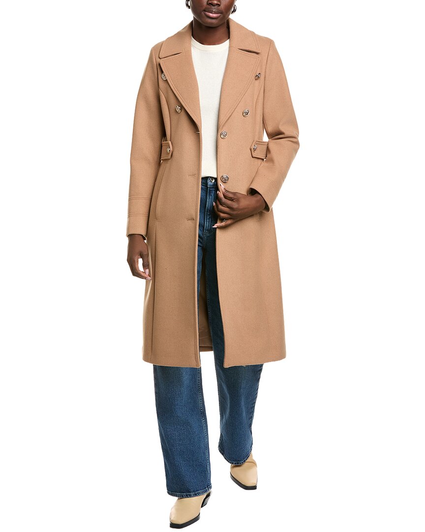 Kenneth Cole Military Long Wool-blend Coat In Brown